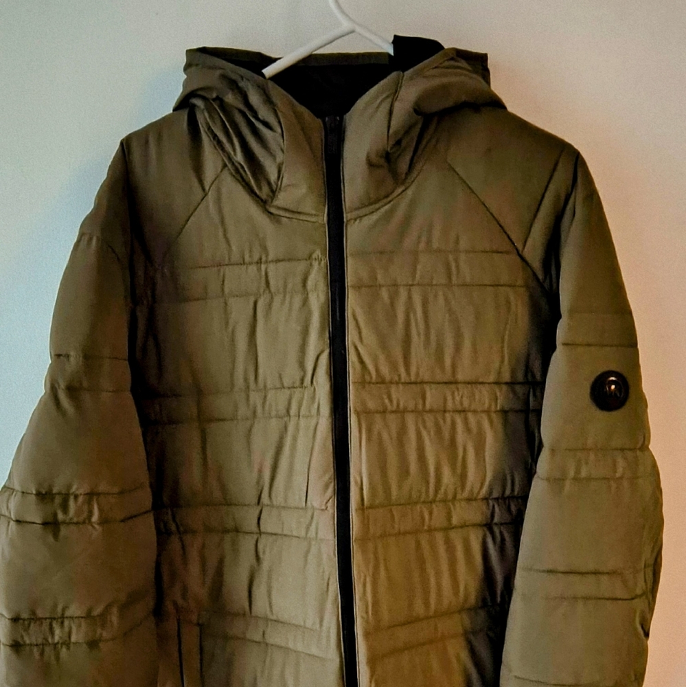 Black and Green Quilted Puffer Jacket with Hood